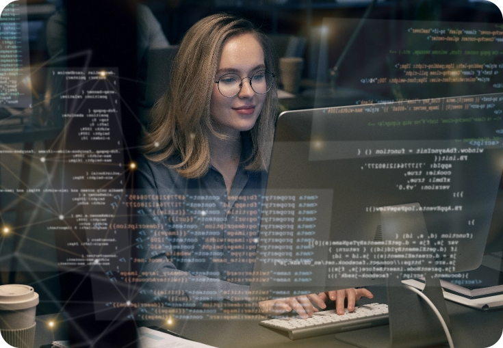 Person working on laptop with code overlay